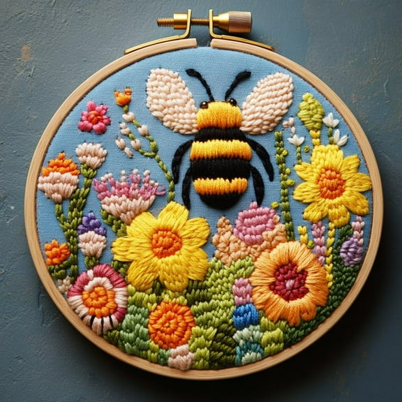 DIY Punch Needle Kits Yellow Bee in Flowers Easy for Beginners Punch Needle Embroidery Set with Hoop Stamped Pattern for Craft lovers and Home Decor-1