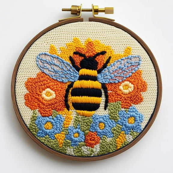 DIY Punch Needle Kits Yellow Bee in Flowers Easy for Beginners Punch Needle Embroidery Set with Hoop Stamped Pattern for Craft lovers and Home Decor-2