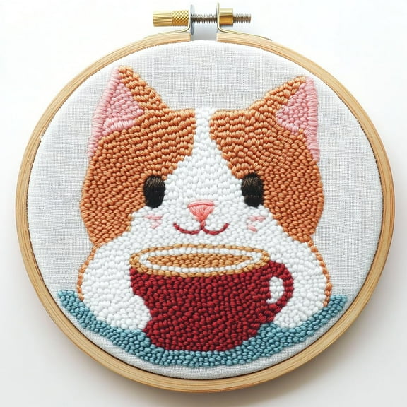 DIY Punch Needle kits Cartoon Cat with Coffee Cup Easy for Beginners Punch Needle Yarn Starter Embroidery Set for Craft lovers with Hoop for Home Decor 20x20cm