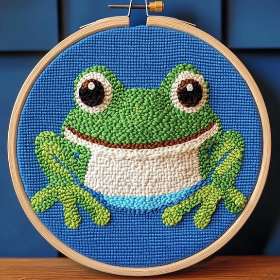 DIY Punch Needle kits A Cartoon Cute Green Frog Easy for Beginners Punch Needle Yarn Starter Embroidery Set for Craft lovers with Hoop for Home Decor 20x20cm(2)