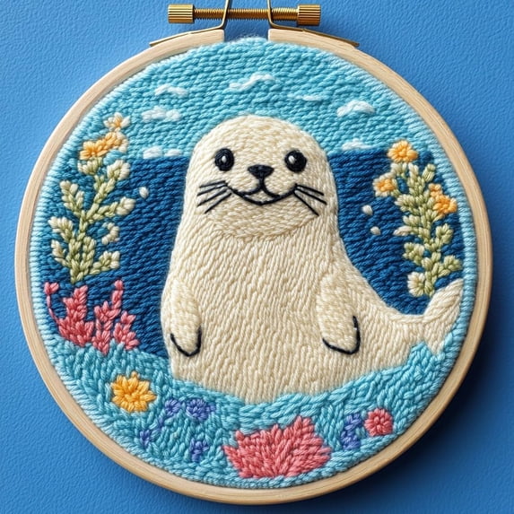 DIY Punch Needle kits A Cartoon Cute Seal in Sea Easy for Beginners Punch Needle Yarn Starter Embroidery Set for Craft lovers with Hoop for Home Decor 20x20cm(2)
