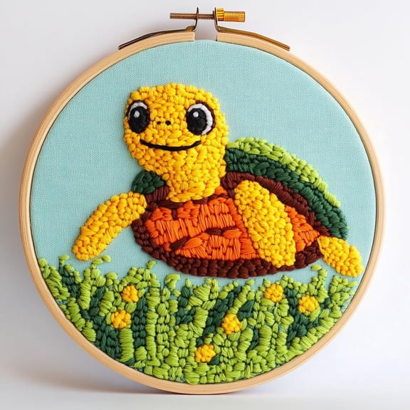 DIY Punch Needle kits A Cartoon Cute Turtle Easy for Beginners Punch Needle Yarn Starter Embroidery Set for Craft lovers with Hoop for Home Decor 20x20cm