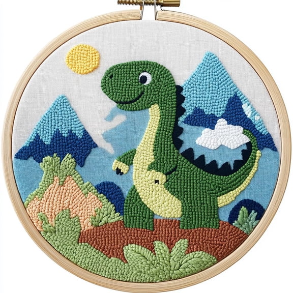 DIY Punch Needle kits A Cartoon Green Dinosaur with Mountain Easy for Beginners Punch Needle Yarn Starter Embroidery Set for Craft lovers with Hoop for Home Decor 20x20cm
