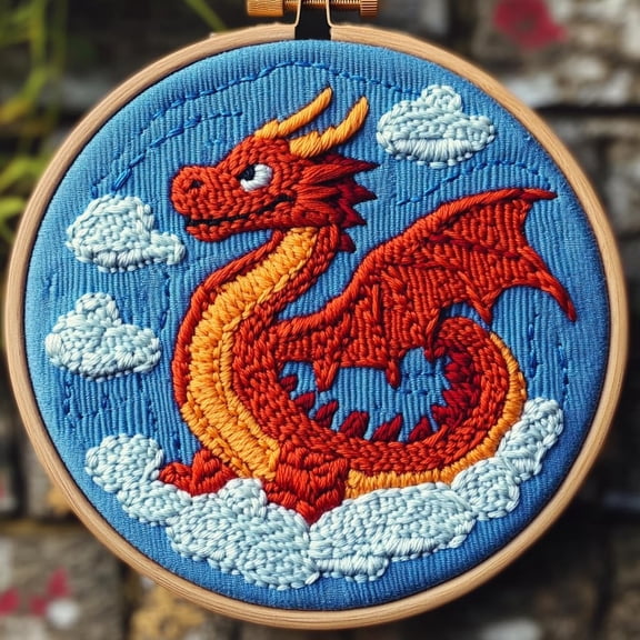 DIY Punch Needle kits A Cartoon Red Dragon Easy for Beginners Punch Needle Yarn Starter Embroidery Set for Craft lovers with Hoop for Home Decor 20x20cm