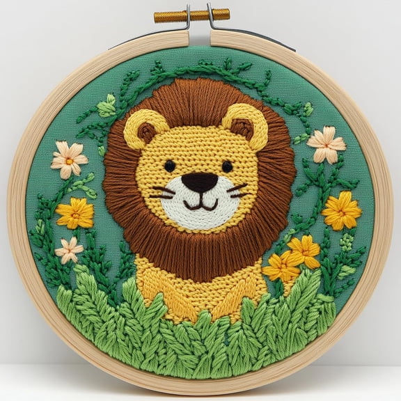 DIY Punch Needle kits A Cute Lion in Grassland Easy for Beginners Punch Needle Yarn Starter Embroidery Set for Craft lovers with Hoop for Home Decor 20x20cm(5)