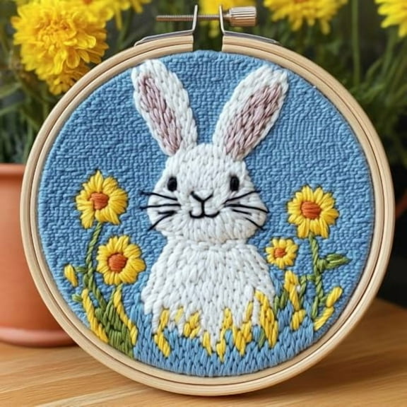 DIY Punch Needle kits A Cute White Rabbit Happy Easter Easy for Beginners Punch Needle Yarn Starter Embroidery Set for Craft lovers with Hoop for Home Decor 20x20cm(1)