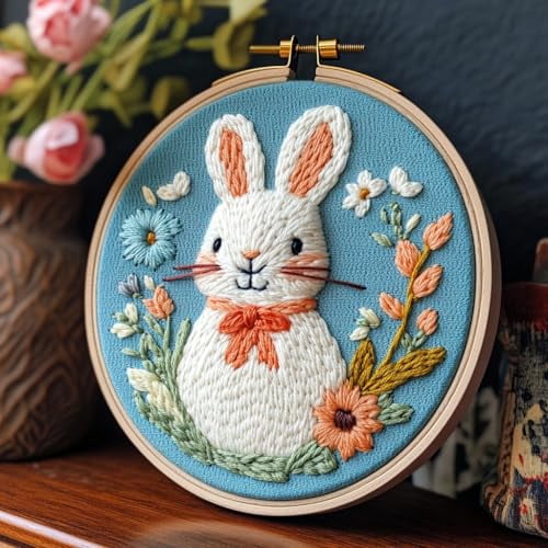 DIY Punch Needle kits A Cute White Rabbit Happy Easter Easy for Beginners Punch Needle Yarn Starter Embroidery Set for Craft lovers with Hoop for Home Decor 20x20cm(3)