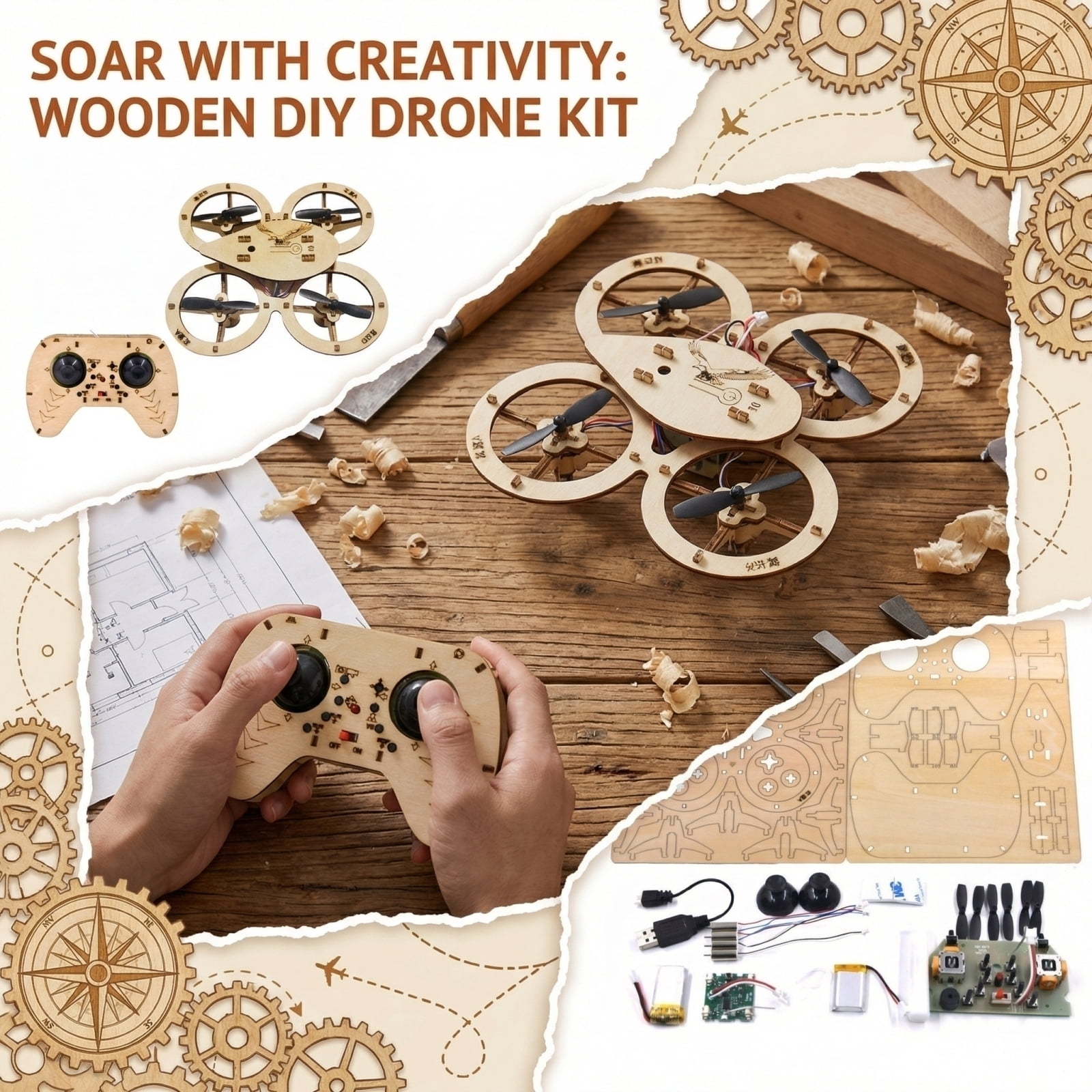 View of DIY Quad Drone, Wooden Assembly, 1 Pack DIY Kit, for Hobby STEM ...
