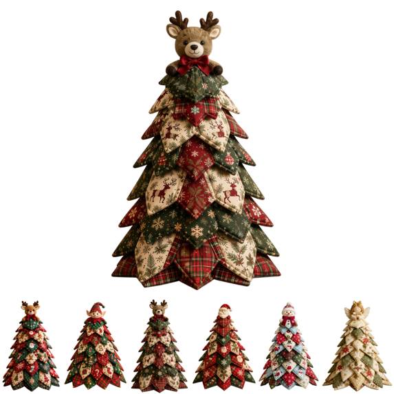 DIY Quilted Christmas Fabric Tree Kit, Multi Pattern Patchwork Craft Supplies, DIY Sewing Project Kit to Make Tabletop Christmas Tree for Indoor Home Decor C