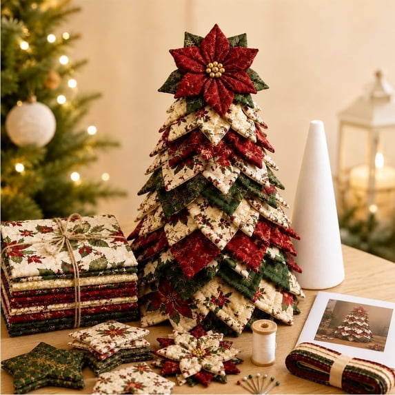 DIY Quilted Christmas Tree Craft Kit, Pre‑Cut Patchwork Fabric Sewing Set for Adult Beginners, Complete Accessories, 11.81 Inch Self‑Standing 3D Layered Tabletop Ornament for Xmas Home Holiday Decor