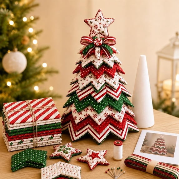 DIY Quilted Christmas Tree Craft Kit, Pre‑Cut Patchwork Fabric Sewing Set for Adult Beginners, Complete Accessories, 11.81 Inch Self‑Standing 3D Layered Tabletop Ornament for Xmas Home Holiday Decor