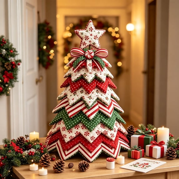 DIY Quilted Christmas Tree Kit - 3D Fabric Patchwork Christmas Tree Craft Set, Handmade Tabletop Holiday Decoration, Christmas Holiday Creative DIY Gift for Adults Beginners and Craft Lovers