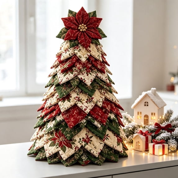DIY Quilted Christmas Tree Kit - 3D Fabric Patchwork Christmas Tree Craft Set, Handmade Tabletop Holiday Decoration, Christmas Holiday Creative DIY Gift for Adults Beginners and Craft Lovers