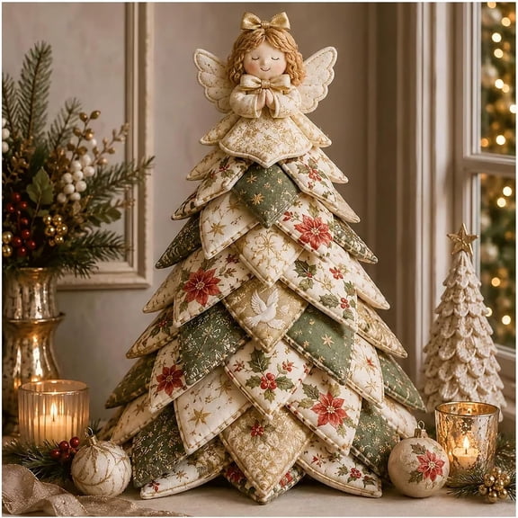 DIY Quilted Christmas Tree Kit – 3D Fabric Patchwork Craft Set, No-Sew Tabletop Holiday Decor for Beginners