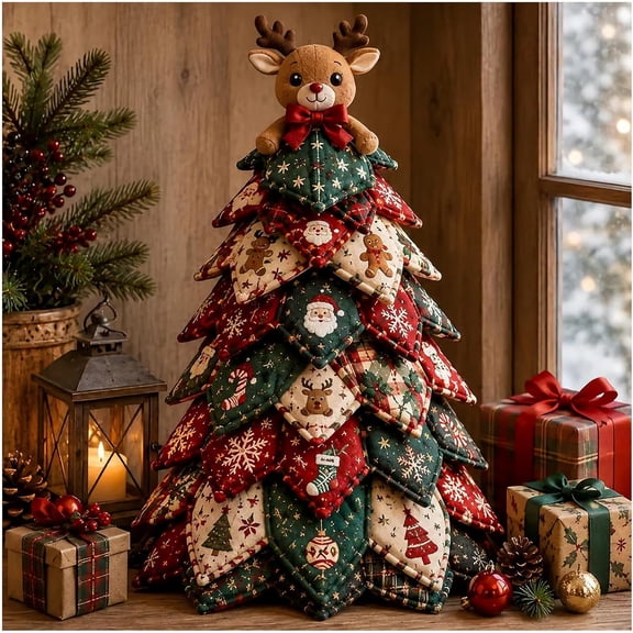 DIY Quilted Christmas Tree Kit – 3D Fabric Patchwork Craft Set, No-Sew Tabletop Holiday Decor for Beginners