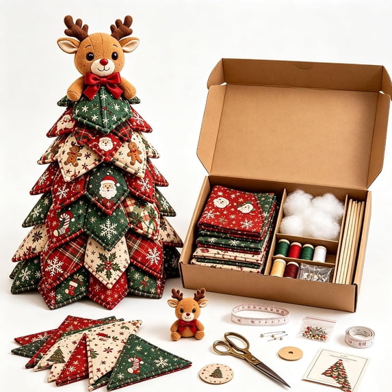 DIY Quilted Christmas Tree Kit, 3D Fabric Patchwork Craft Set (Reindeer) | DIY Christmas Tree Kit, 3D Fabric Patchwork, 6 Holiday Designs, Quilting Craft, Handmade Tabletop Decor, Christmas Gift