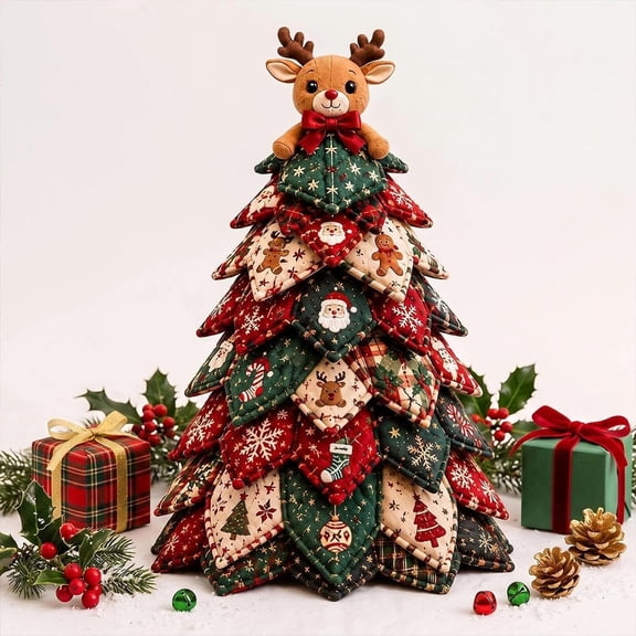 DIY Quilted Christmas Tree Kit, 3D Layered Fabric Patchwork Craft with Deer Topper, Handmade Holiday Tabletop Decor for Mantel & Office Display