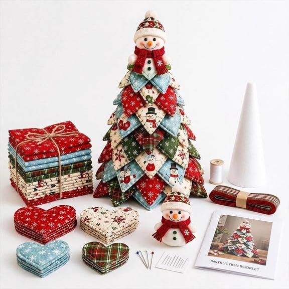 DIY Quilted Christmas Tree Kit, 7D Layered Fabric Patchwork Craft with Snowman Topper, Handmade Holiday Tabletop Decor for Mantel & Office Display