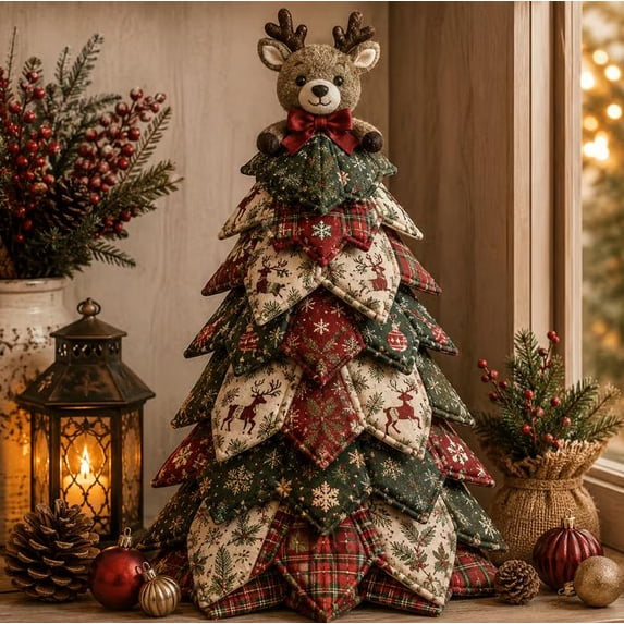 DIY Quilted Christmas Tree Kit, Christmas Elk DIY Tree Patchwork Kit, Beginner Friendly Sewing Kit for Mantel Shelf Christmas Display