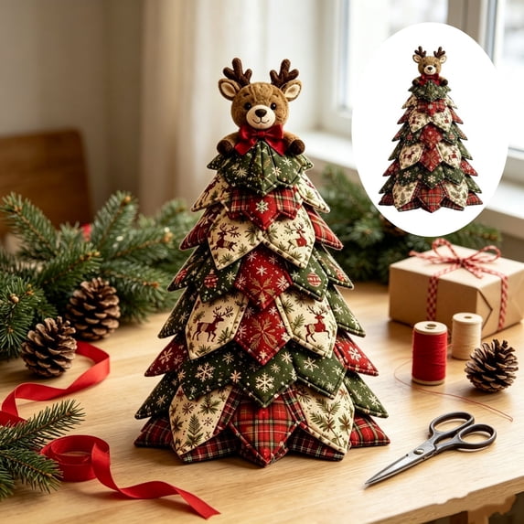 DIY Quilted Christmas Tree Kit Complete Sewing Set with Pattern Instructions, Beginner Friendly Fabric Craft for Adults