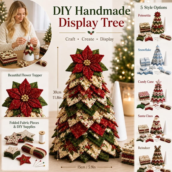 DIY Quilted Christmas Tree Kit, Fabric Quilting Patchwork Handmade | 3D Layered Santa Snowman Holiday Tabletop Decor Ornament Sewing Set, Charming Gift for Adults Quilters