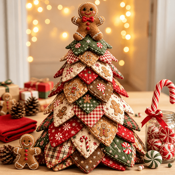DIY Quilted Christmas Tree Kit – Handmade Fabric Holiday Tabletop Tree Decor, Cozy Farmhouse Style Christmas DIY Craft for Adult Crafters (Gingerbread Man)