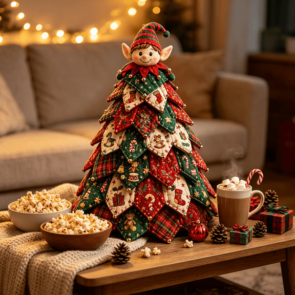 DIY Quilted Christmas Tree Kit – Handmade Fabric Holiday Tabletop Tree Decor, Reusable Year-Round Christmas Table Ornament Craft Kit (Christmas Elf)