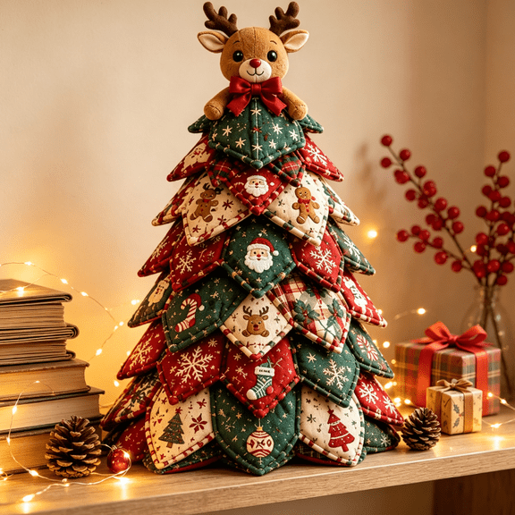 DIY Quilted Christmas Tree Kit – Handmade Fabric Holiday Tabletop Tree Decor, Reusable Year-Round Christmas Table Ornament Craft Kit (Classic Reindeer)