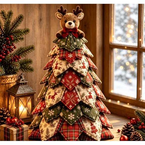 DIY Quilted Christmas Tree Kit, Handmade Fabric Holiday Tree Decor, DIY Holiday Patchwork Sewing Craft Kit with Plaid Snowflake Gingerbread Character Topper Home Mantel Table Office Display