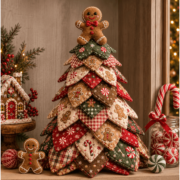 DIY Quilted Christmas Tree Kit Handmade Fabric Tabletop Holiday Decor, Patchwork Craft with Character Topper for Mantel Shelf (Gingerbread Man)