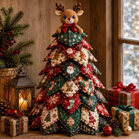 DIY Quilted Christmas Tree Kit Handmade Fabric Tabletop Holiday Decor, Patchwork Craft with Character Topper for Mantel Shelf