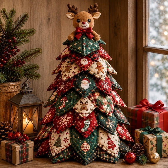 DIY Quilted Christmas Tree Kit Patchwork Fabric Craft, Festive Plaid Snowflake Holly Design for Cozy Holiday Home Styling