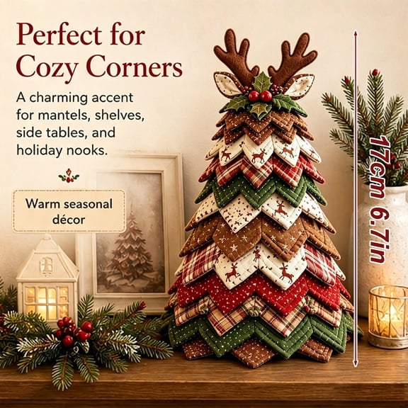 DIY Quilted Christmas Tree Kit, Reindeer Fabric Patchwork Craft Set, Handmade Sewing Project for Christmas Table Decor and Holiday Home Decor