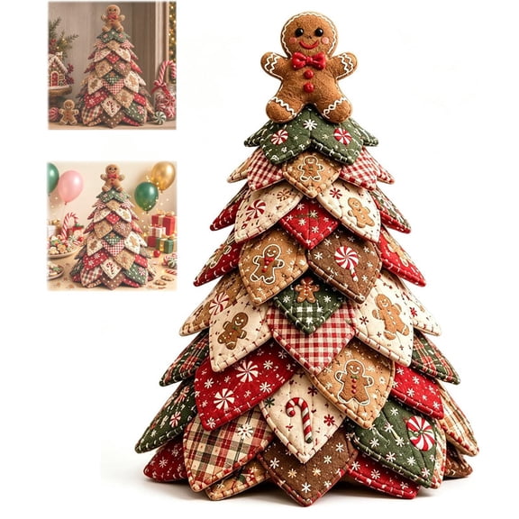 DIY Quilted Fabric Christmas Tree Kit, Fabric Patchwork Sewing Craft Set, Gingerbread Man Christmas Tree Art Kit for Adults Beginners, Mantel Shelf Desk Gift
