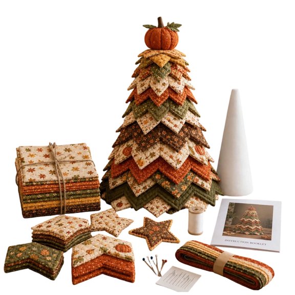 DIY Quilted Fabric Tree Decor, Craft Fabric Conical Ornament Kit, Vintage Patchwork Tabletop Centerpiece for Fall Harvest Thanksgiving Home Interior Decor