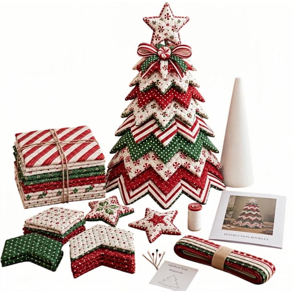 DIY Quilted Santa Christmas Tree Kit, Christmas Fabric Patchwork Craft Kit, Handmade Christmas Quilt Tabletop Tree Decor, DIY Patchwork Kit Holiday Sewing Craft(A)