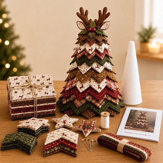 DIY Quilted Santa Christmas Tree Kit, Fabric Patchwork Set, Handmade | Holiday Tabletop Decor, Layered Ornament, Sewing Craft for Adults, Snowman Tree, Charming Quilting Gift(D)