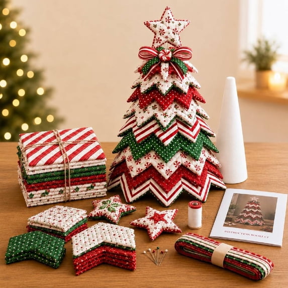 DIY Quilted Santa Christmas Tree Kit, Fabric Patchwork Set, Handmade | Holiday Tabletop Decor, Layered Ornament, Sewing Craft for Adults, Snowman Tree, Charming Quilting Gift(A)