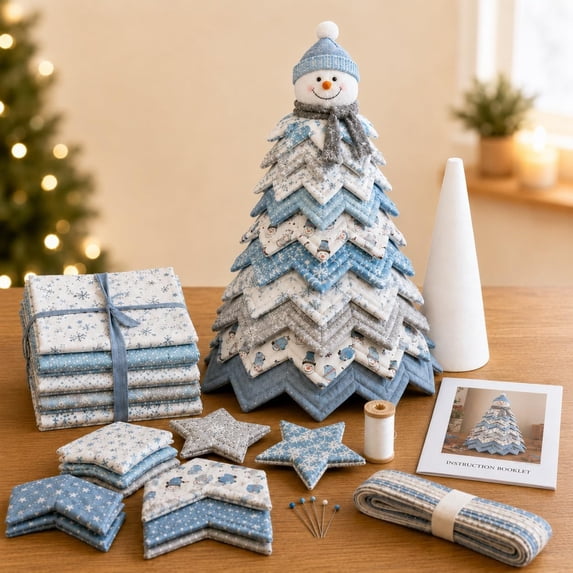 DIY Quilted Santa Christmas Tree Kit, Fabric Patchwork Set, Handmade | Holiday Tabletop Decor, Layered Ornament, Sewing Craft for Adults, Snowman Tree, Charming Quilting Gift(Snowman)