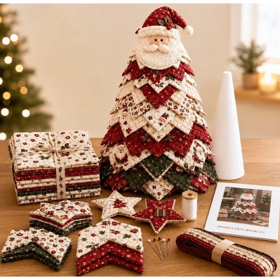 DIY Quilted Santa Christmas Tree Kit, Fabric Patchwork Set, Handmade Holiday Tabletop Ornament, Adult Sewing Craft, Snowman Layered Tree, Vintage Americana Quilting Gift,Santa