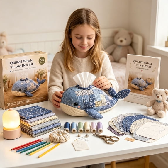 DIY Quilted Sea Tissue Box Sewing Kit, Cut Fabric Patchwork Kit for Beginners Handmade Stuffed Decor, Complete Supplies Step-by-Step Guide, Great Gift for Craft Lovers