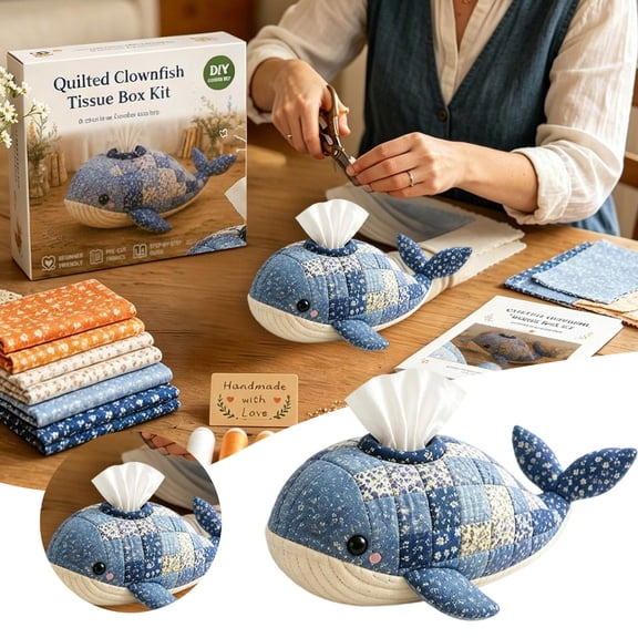 DIY Quilted Tissue Box Kit – Whale Shape Sewing Craft for Kids and Adults – Beginner Friendly Fabric Art Project for Home Decor – 1 Pack