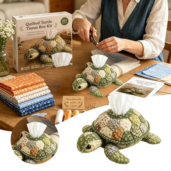 DIY Quilted Turtle Tissue Box Kit – No Sew Fabric Craft for Kids and Adults – Handmade Marine Animal Project for Home Decor