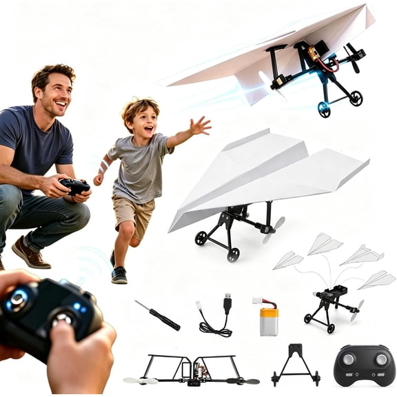 DIY RC Paper Airplane Kit, Gyro Stabilized Remote Control Glider with Dual Propellers, Foldable Lightweight Fixed Wing Flying Toy for Beginners Flyers and Hobbyists (1*Battery)