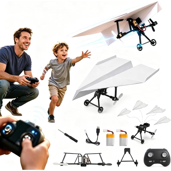 DIY RC Paper Airplane Kit, Gyro Stabilized Remote Control Glider with Dual Propellers, Foldable Lightweight Fixed Wing Flying Toy for Beginners Flyers and Hobbyists (2*Battery)