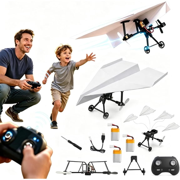 DIY RC Paper Airplane Kit, Gyro Stabilized Remote Control Glider with Dual Propellers, Foldable Lightweight Fixed Wing Flying Toy for Beginners Flyers and Hobbyists (3*Battery)