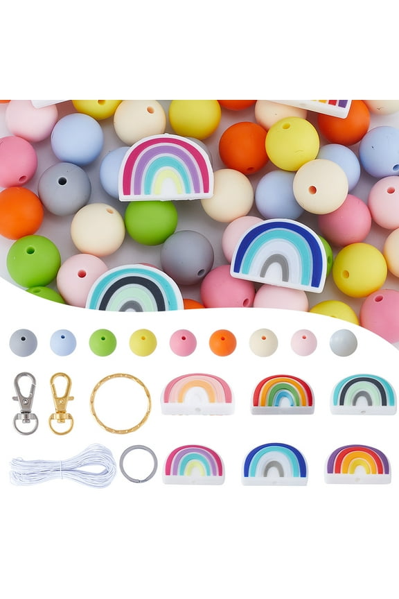 DIY Rainbow Keychain Making Kit Including Beads Iron Split Key Rings Alloy Swivel Clasps Mixed Color 118Pcs/bag