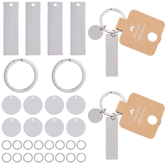 DIY Rectangle & Flat Round Blank 201 Stainless Steel Keychain Making Kits Stainless Steel Color 45x13x1mm Hole: 2mm