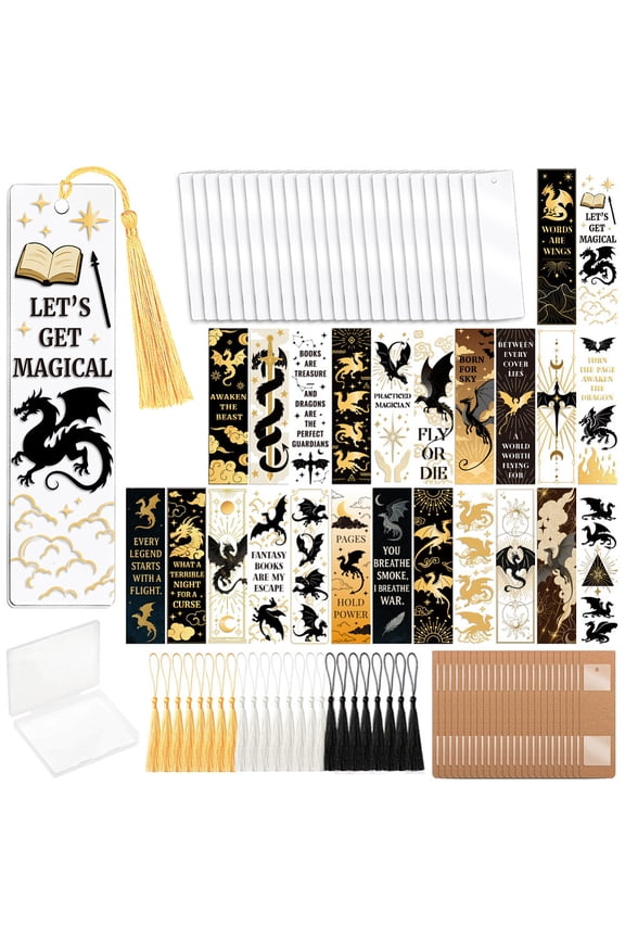 DIY Rectangle with Dragon Bookmark Making Kit Including Plastic Heat Transfer Film Stickers Acrylic Bookmark Pendants Polyester Tassel Decorations