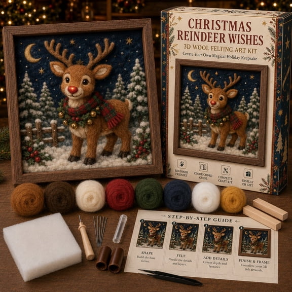 DIY Red-Nosed Reindeer Felt Art Kit for Adults, Dimensional Wool Needle Felting Project with Frame and Craft Tools for Christmas Seasonal Display, 1 Kit